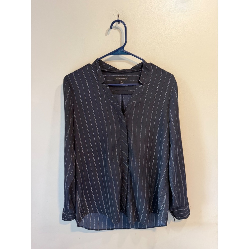 Banana Republic Navy Blue‎ Pinstripe Split Neck Long Sleeve Blouse Womens Small